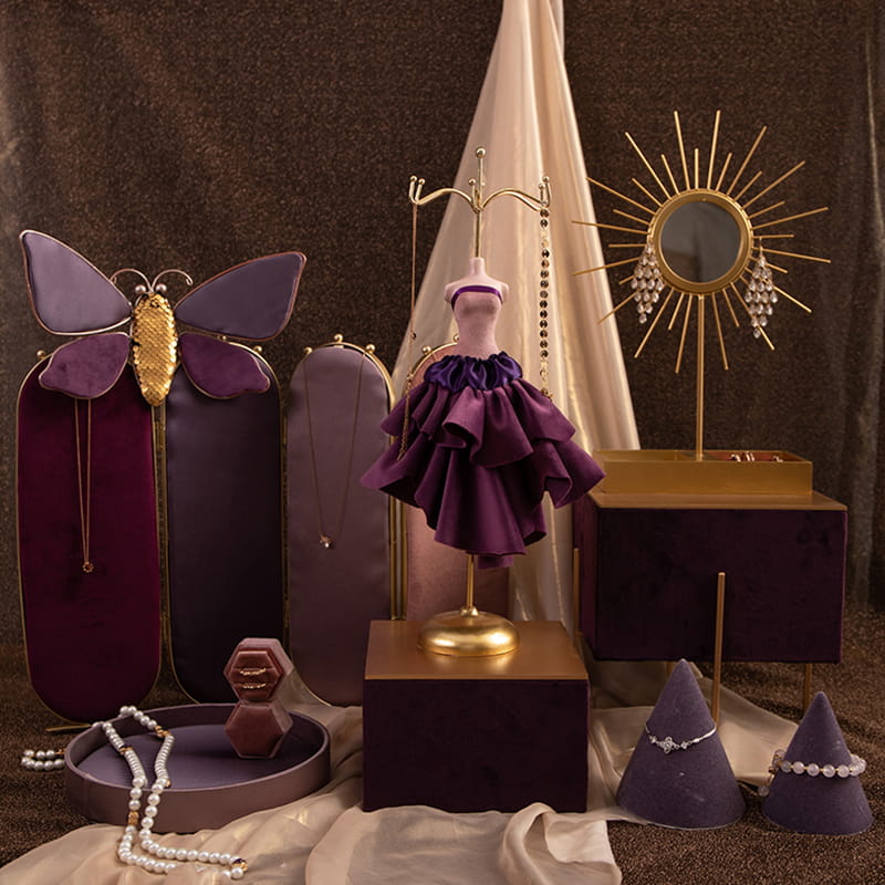 Thiết kế mới Thời trang Đồ trang sức Màu tím Hình nộm Người tổ chức Bộ đồ trang sức Trưng bày Đồ trang sức Bộ cho Vòng đeo cổ Bông tai